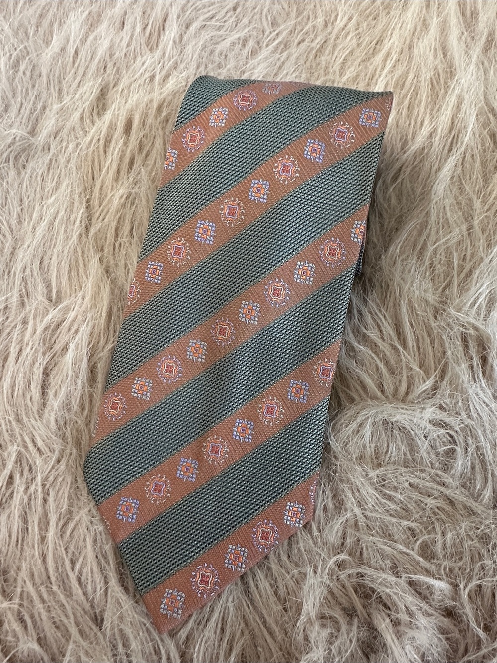 Olive and Brown Striped Men's Tie with Medallion Motif